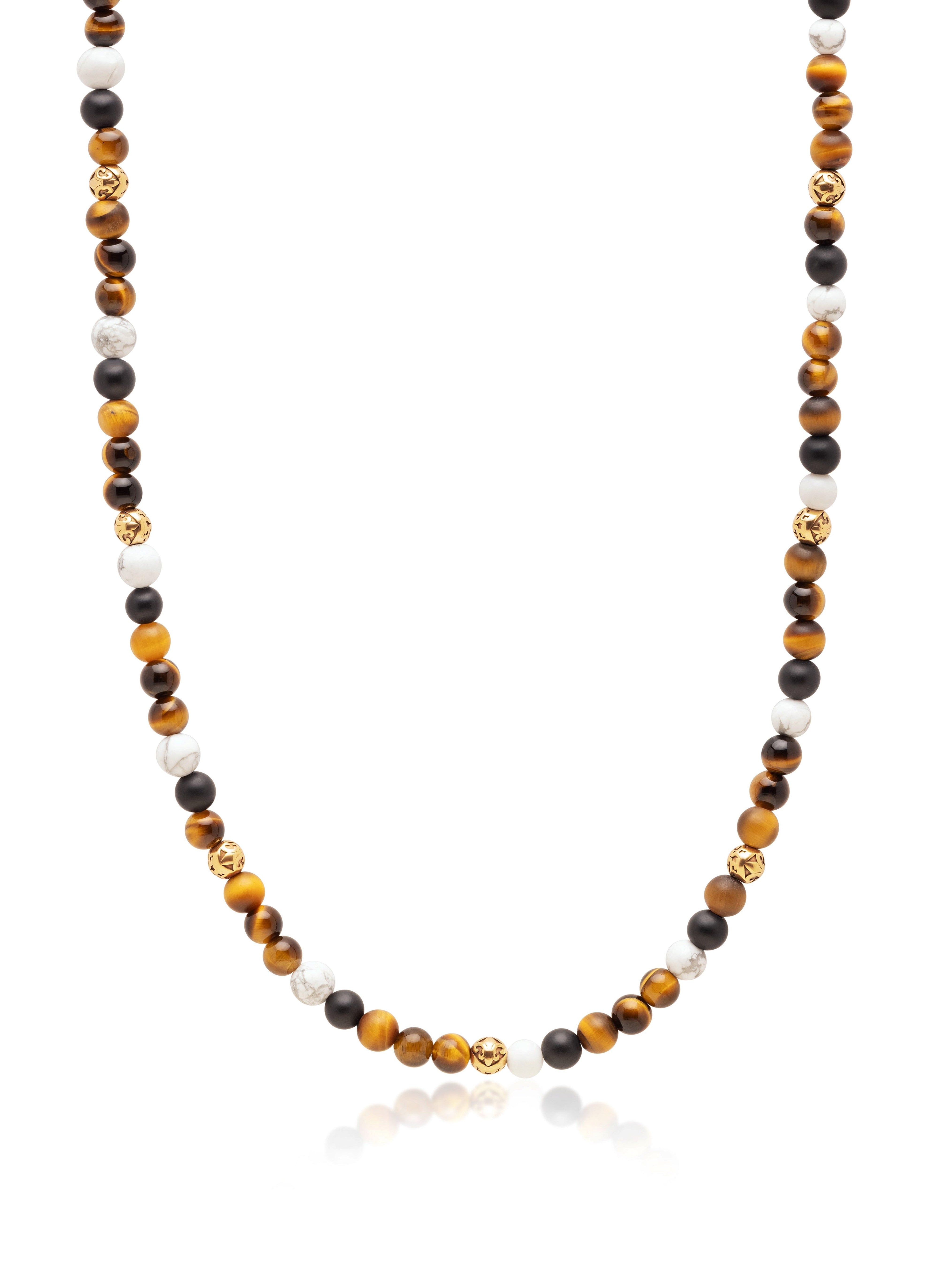 Beaded Necklace With Brown Tiger Eye, Howlite, And Onyx