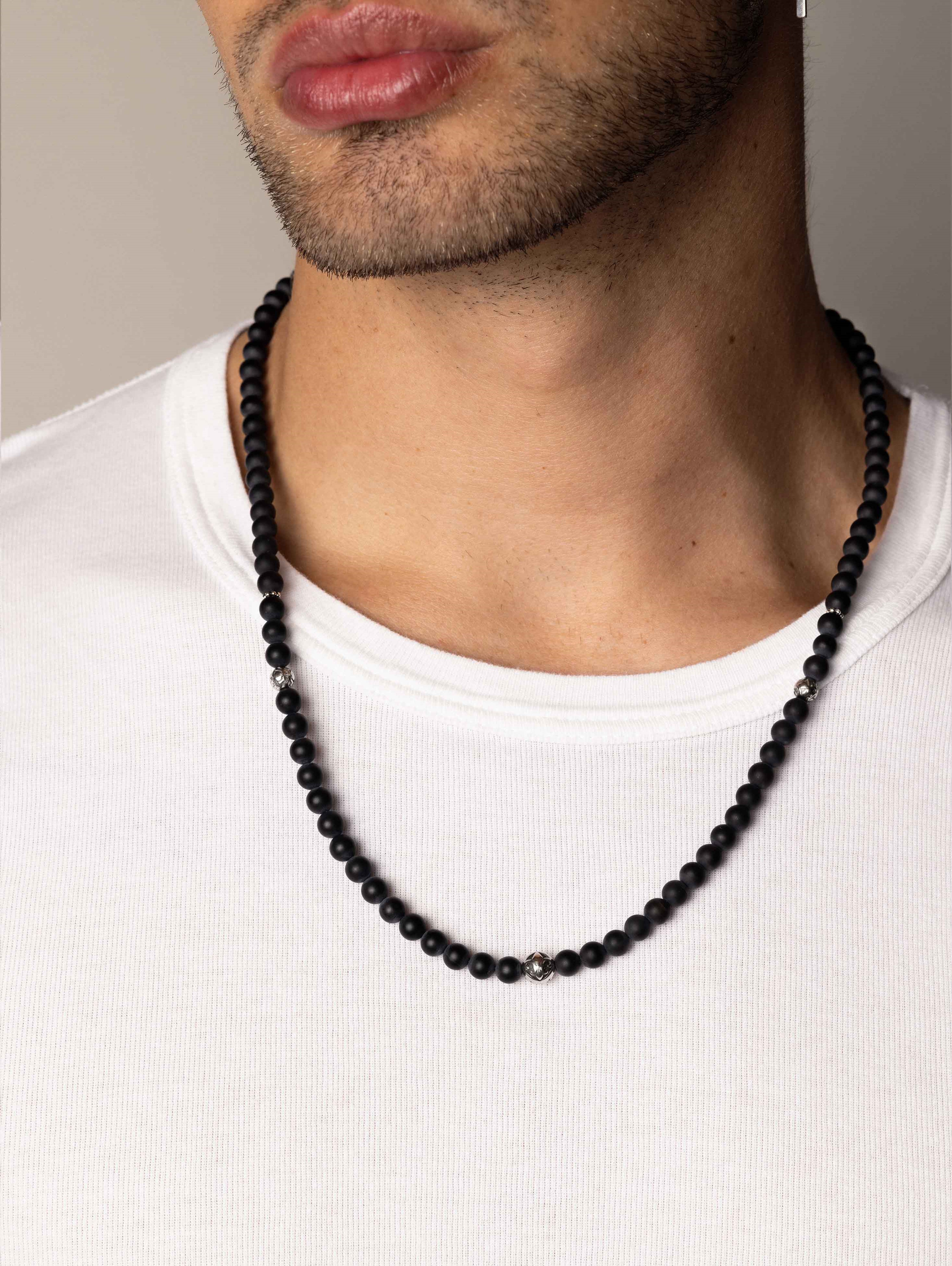 Beaded Necklace With Matte Onyx And Silver