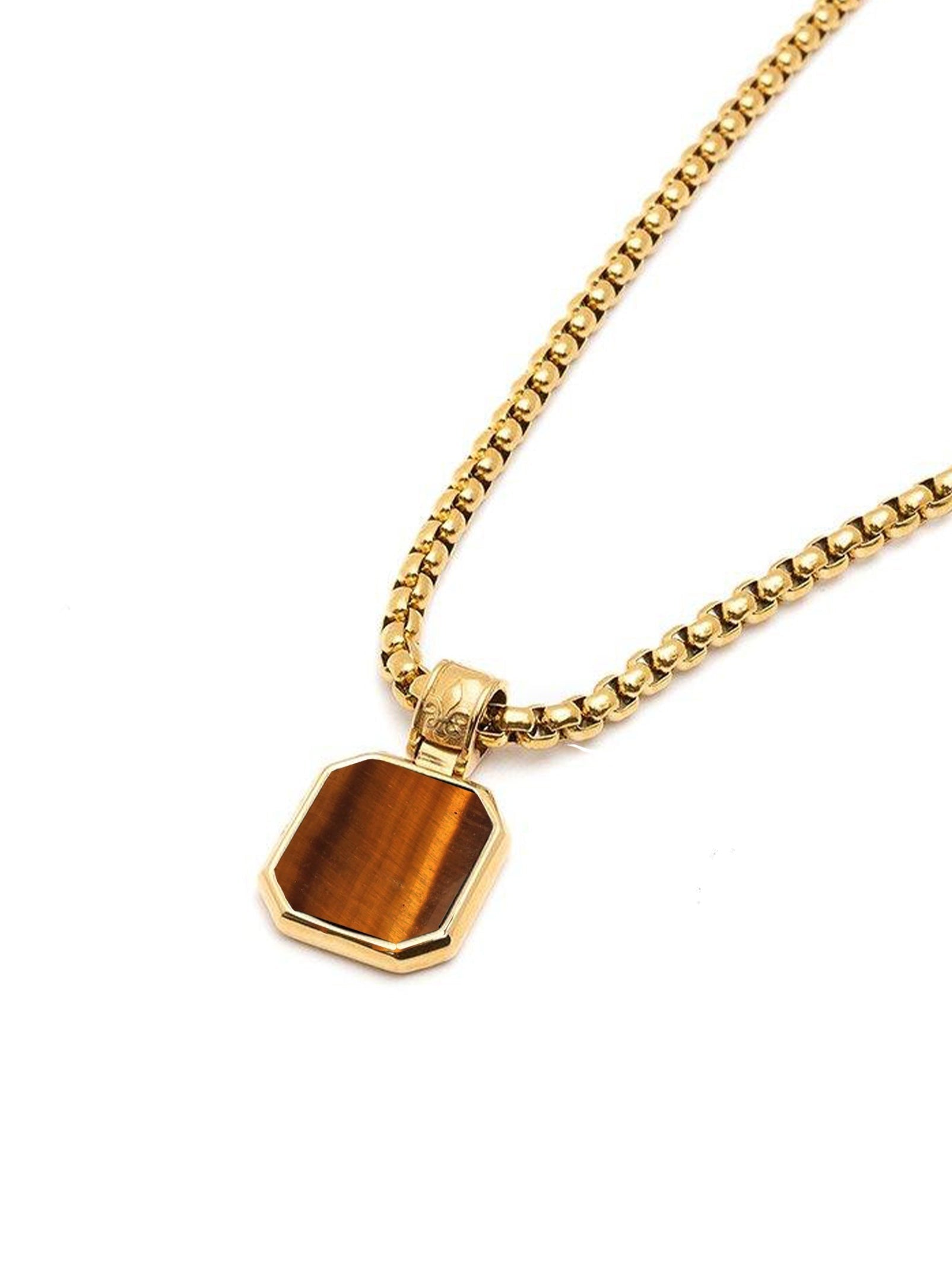 Gold Necklace With Square Brown Tiger Eye Pendant