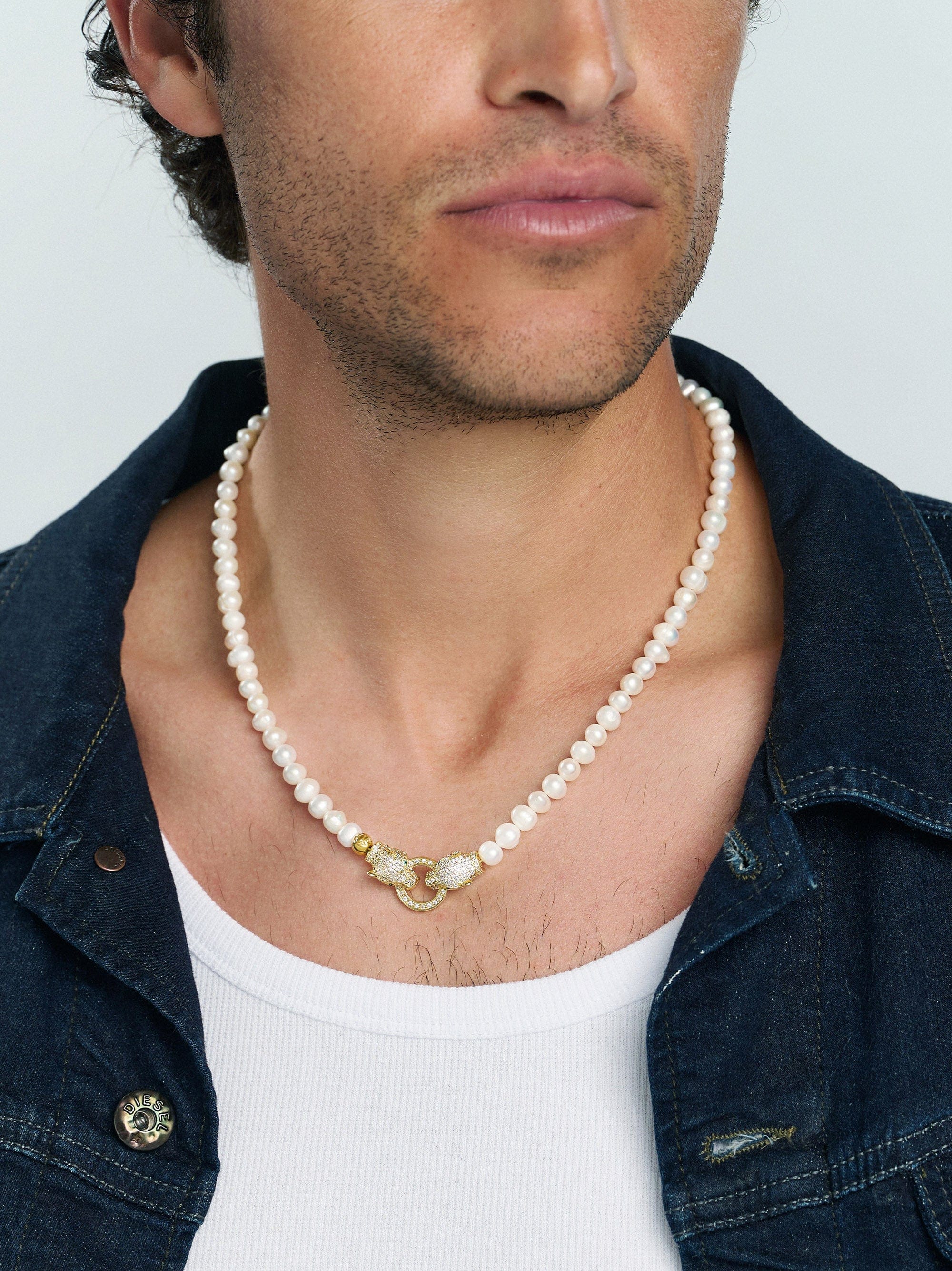 Pearl Necklace with Gold Double Panther Head