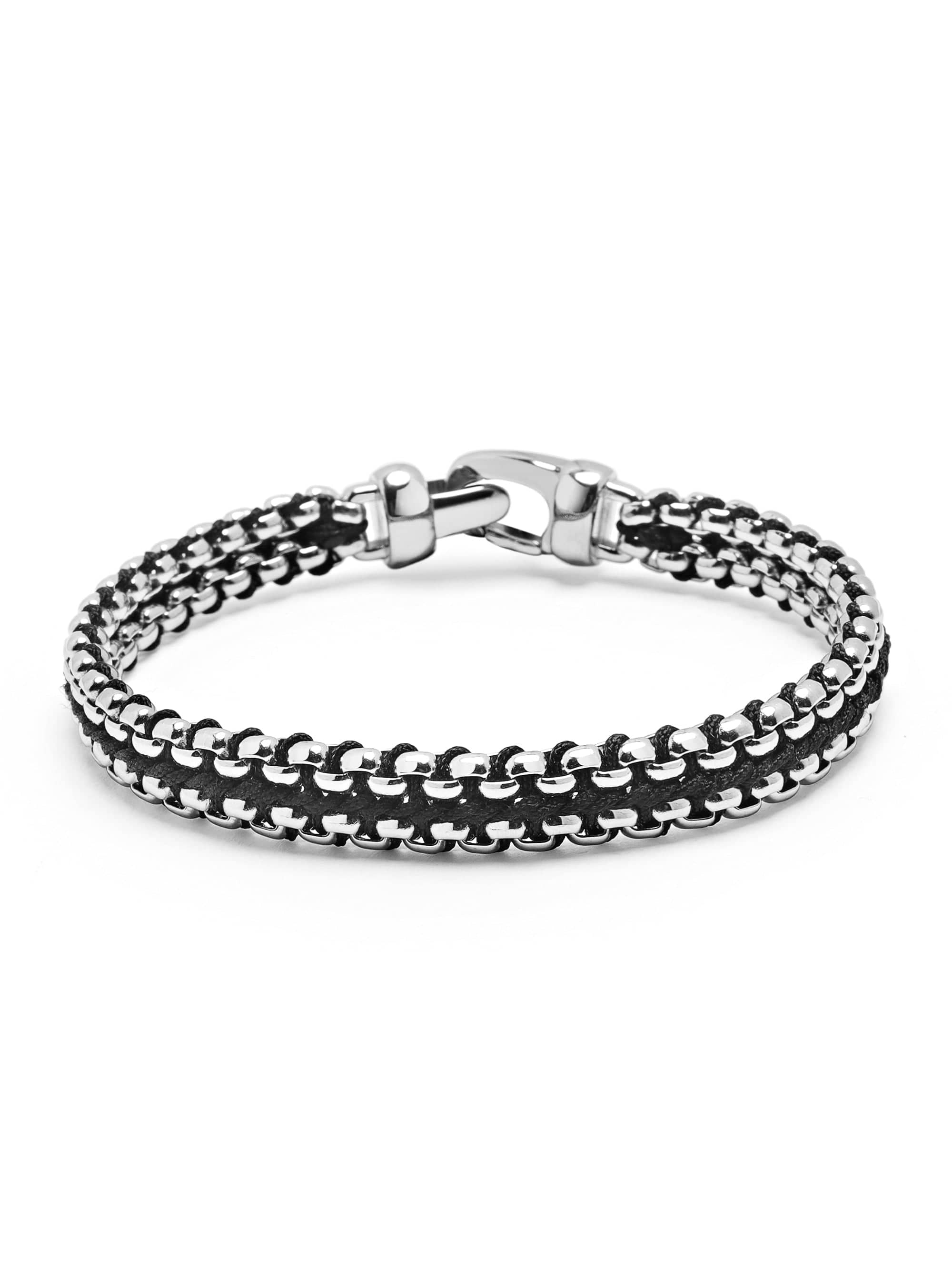 Men'S Black Woven 8Mm Box Chain Bracelet In Silver
