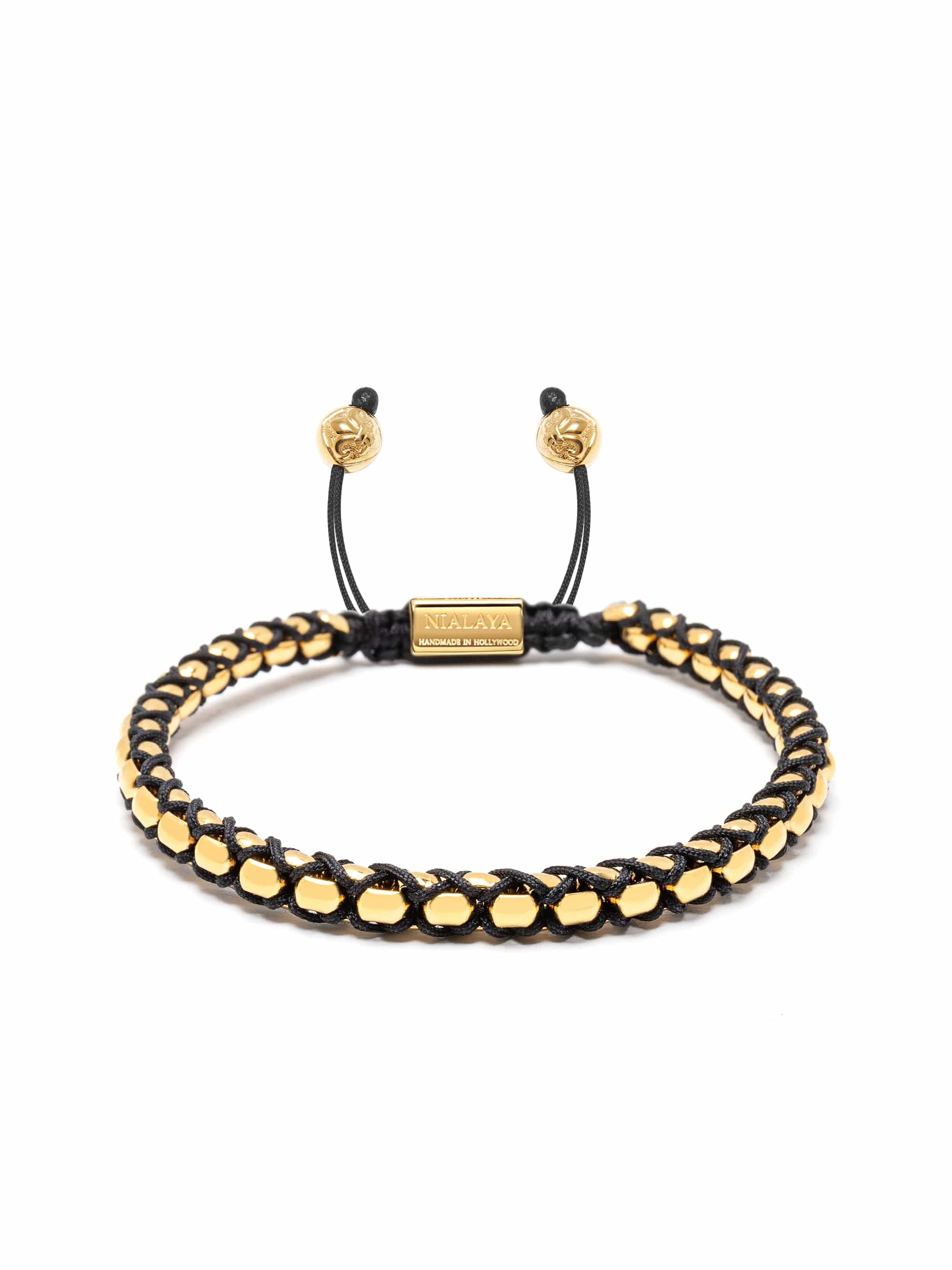Men'S Black String Box Chain Bracelet in Gold