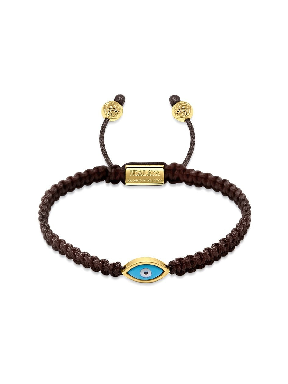 Men's Brown String Bracelet with Gold Evil Eye