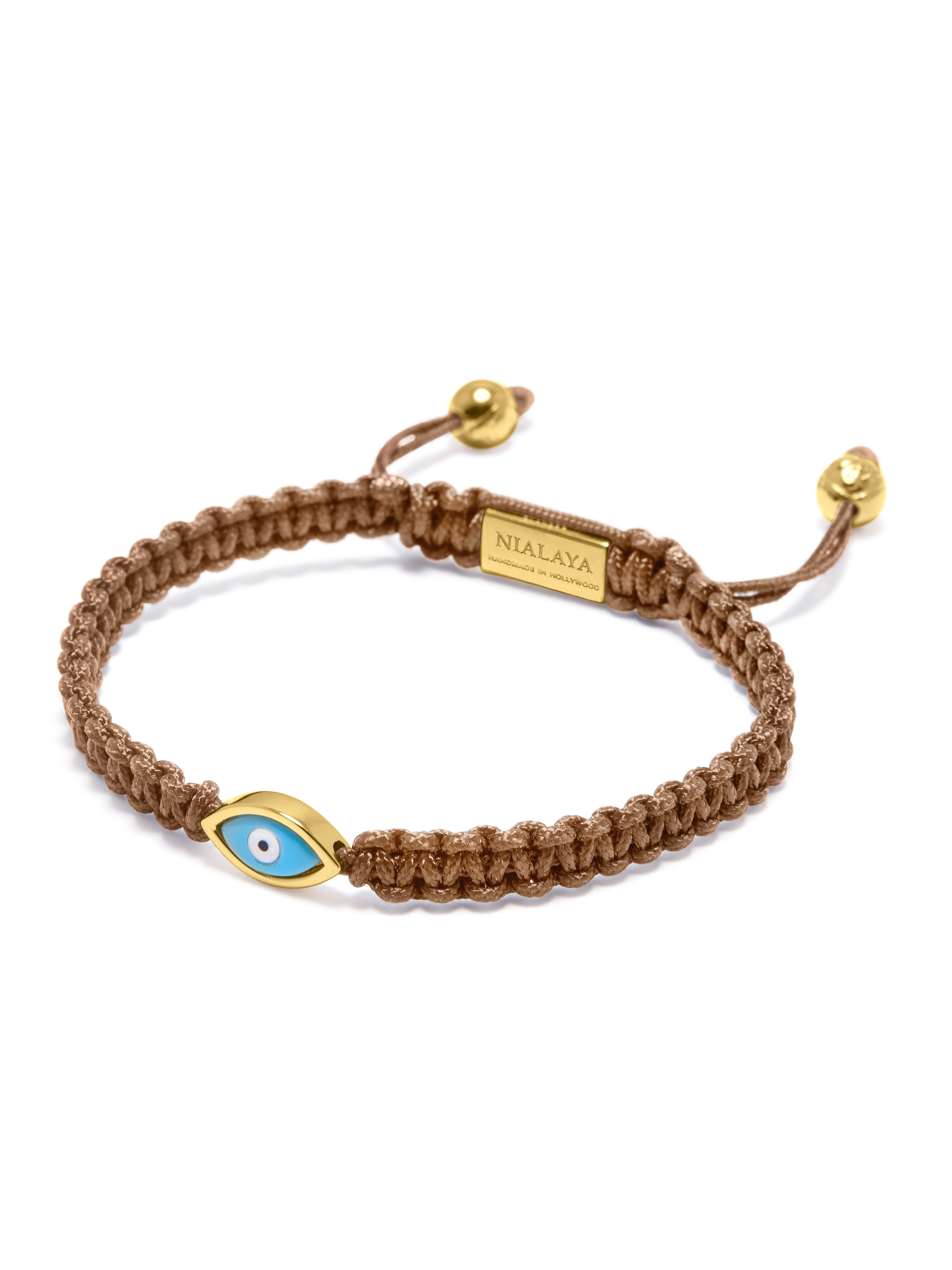 Men's Light Brown String Bracelet with Gold Evil Eye Brown