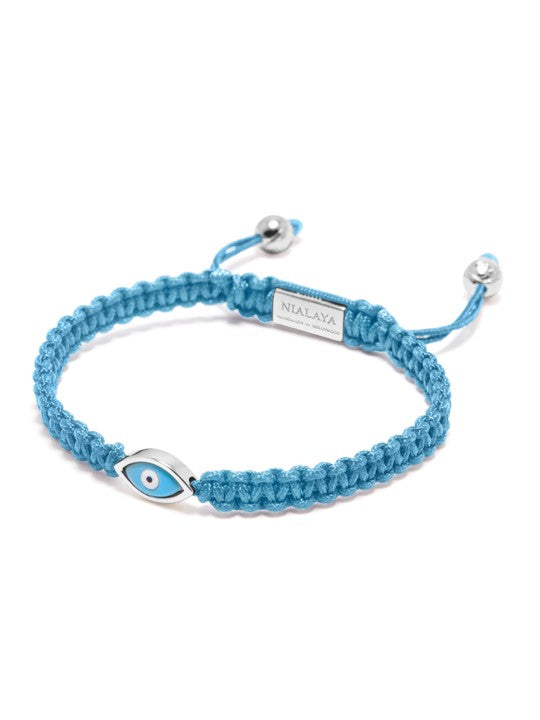 Men's Light Blue String Bracelet with Silver Evil Eye Blue