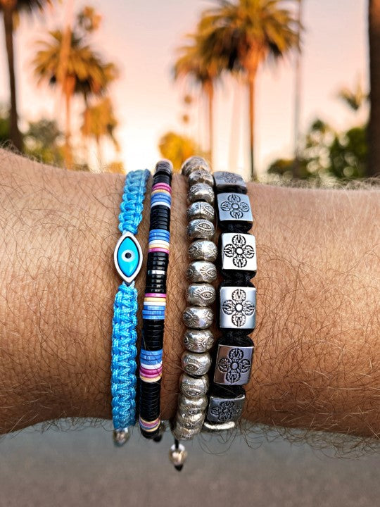 Men's Light Blue String Bracelet with Silver Evil Eye Blue