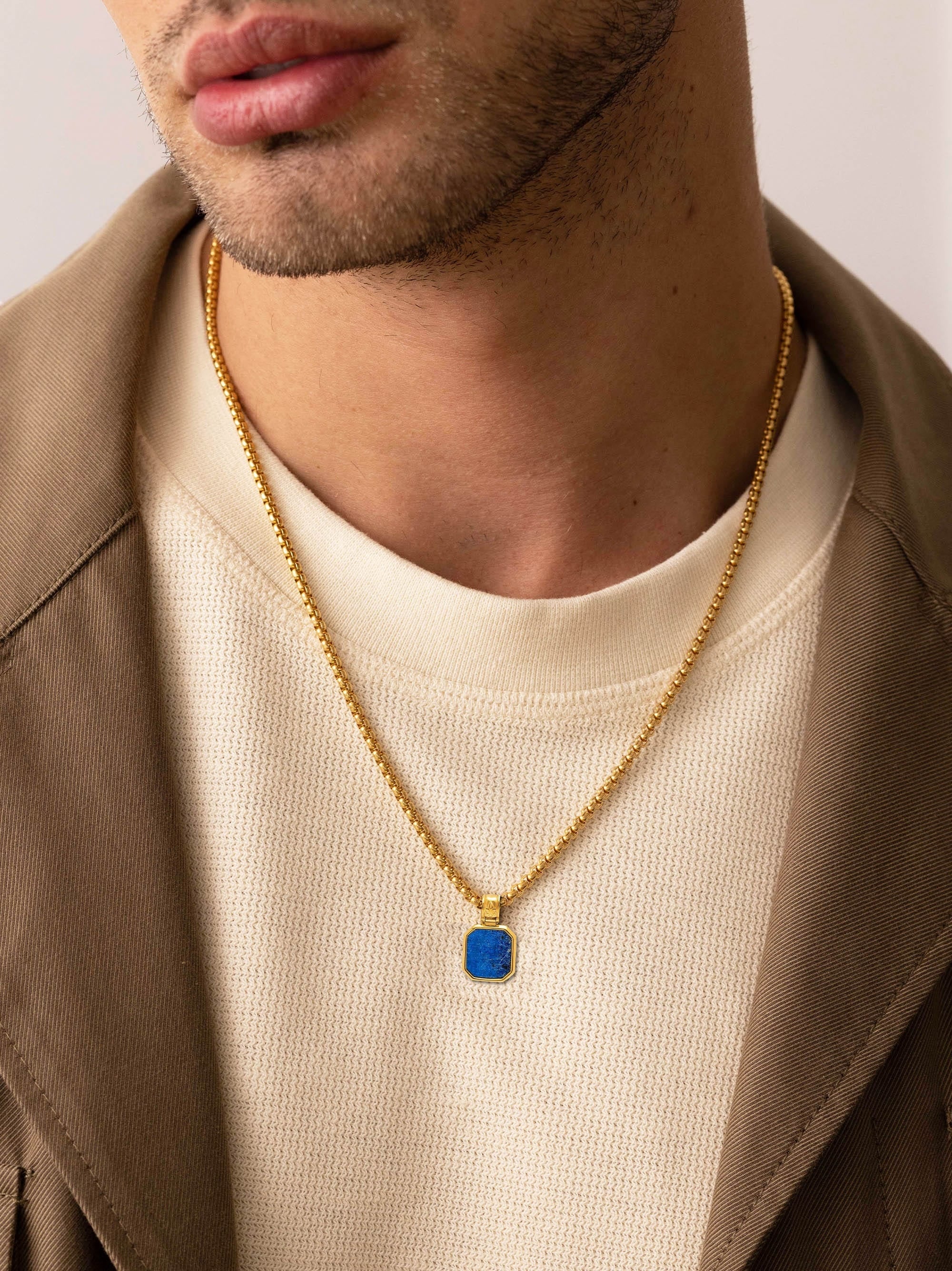 Men'S Gold Necklace With Square Blue Lapis Pendant
