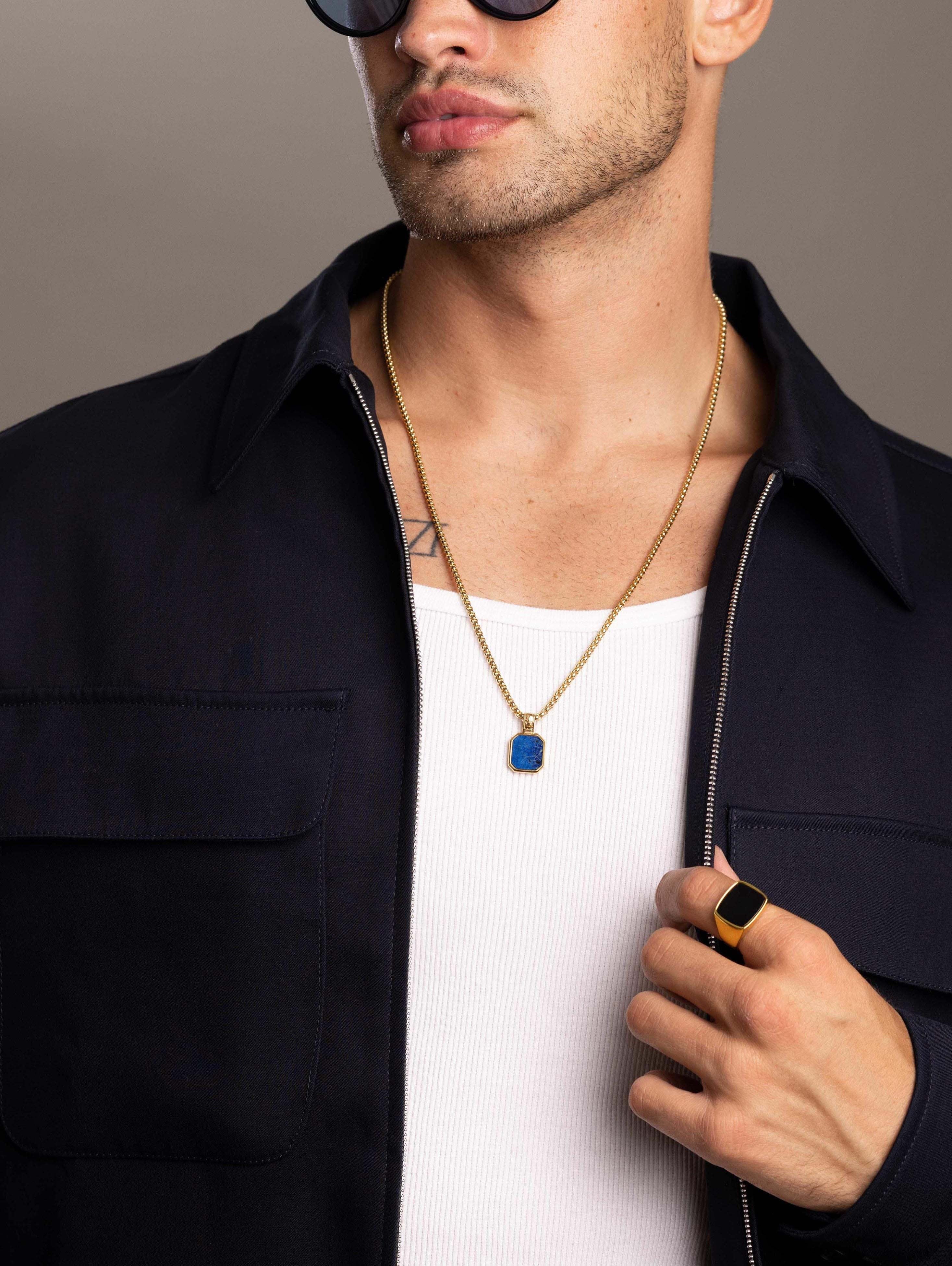 Men'S Gold Necklace With Square Blue Lapis Pendant