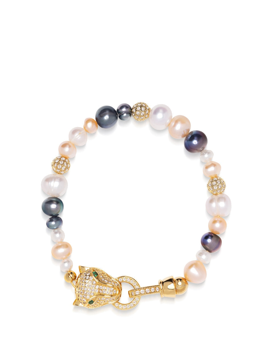 Women'S Multi Colored Pearl Bracelet With Gold Panther Head