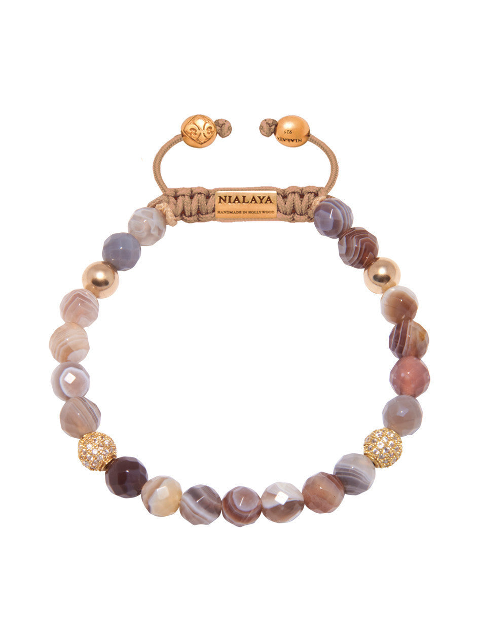 Women'S Beaded Bracelet With Botswana Agate (Gold)