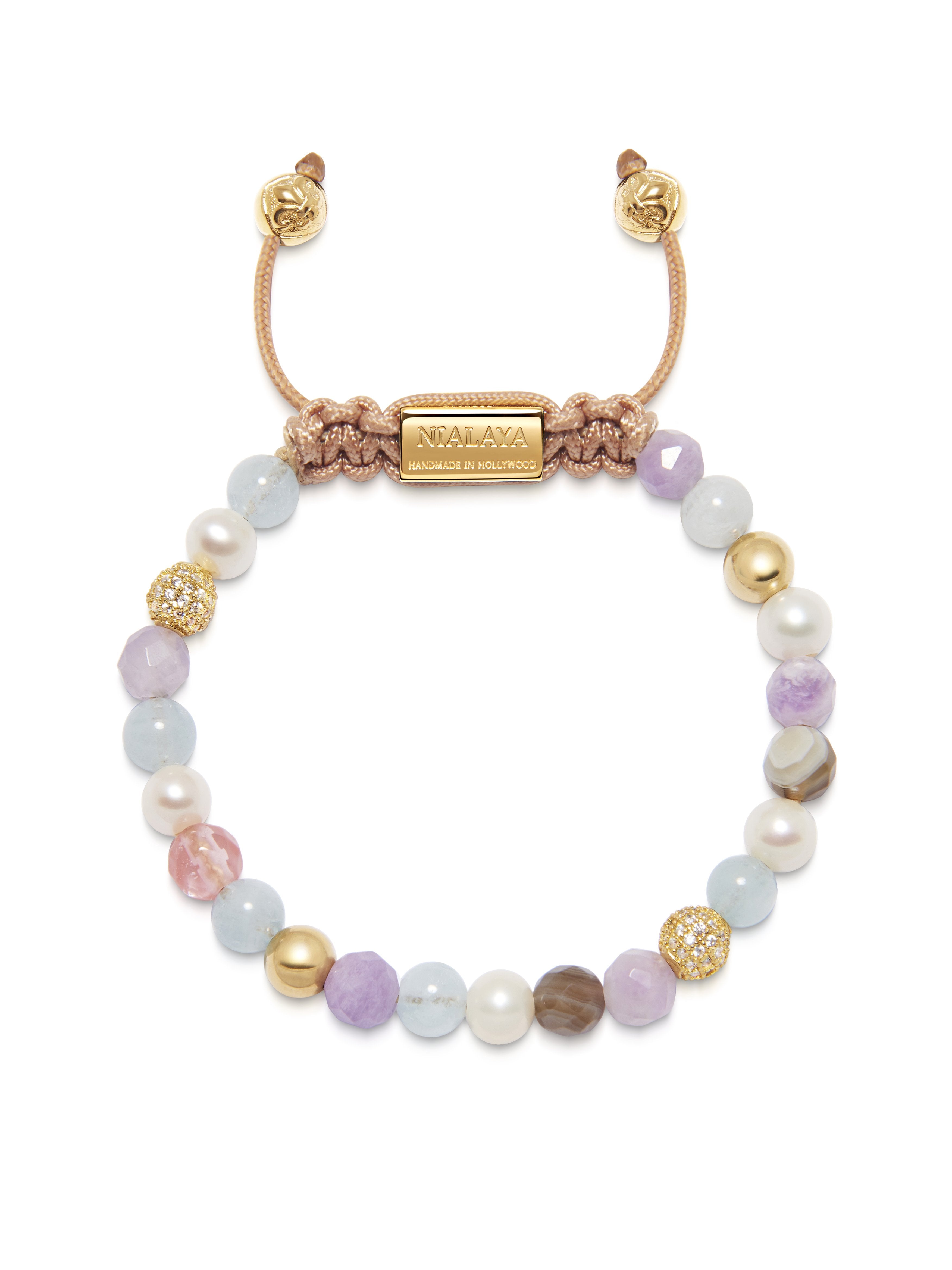 Women'S Beaded Bracelet With Aquamarine, Amethyst Lavender, Cherry Quartz, Pearls And Botswana Agate