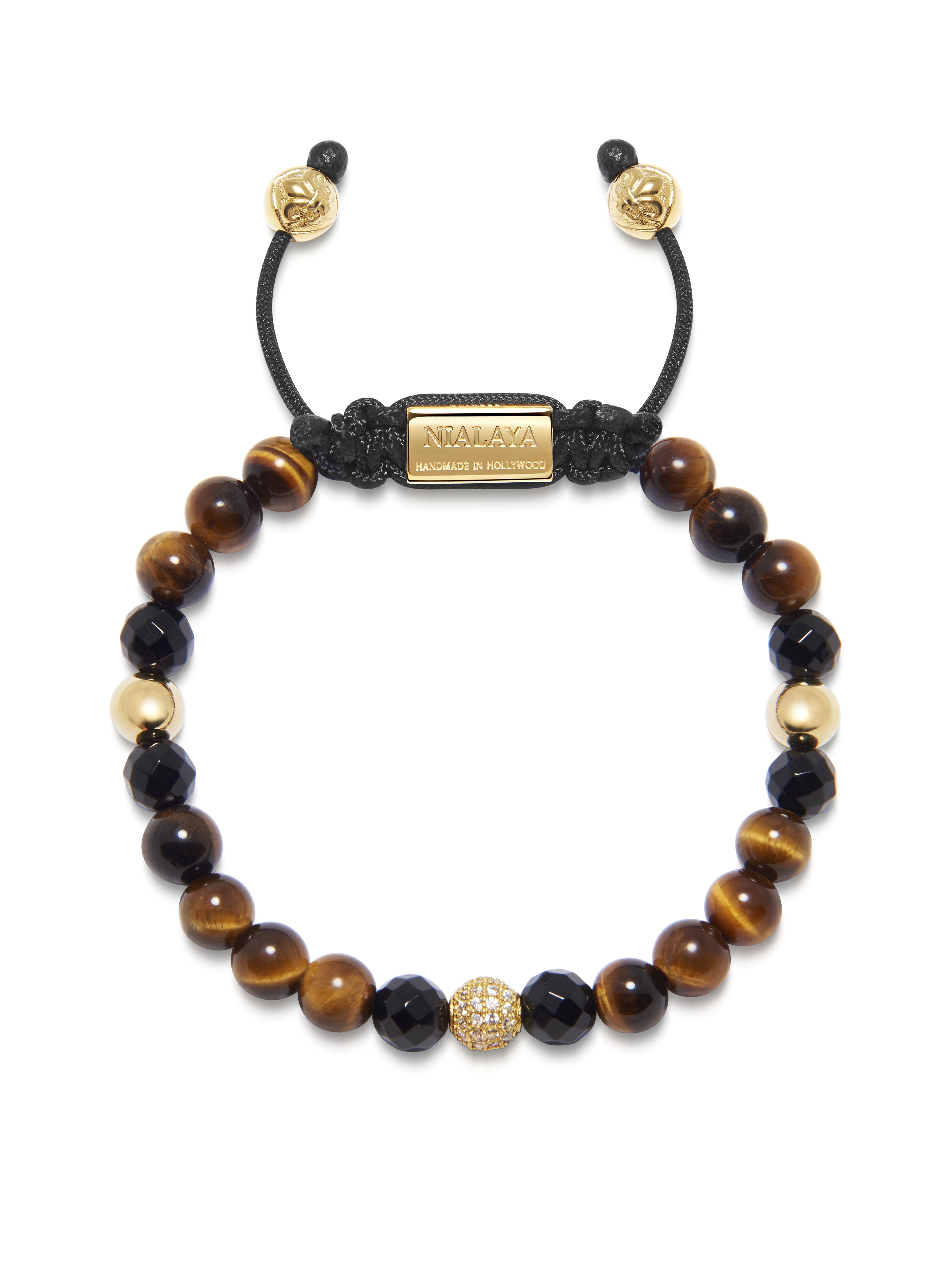 Women'S Beaded Bracelet With Brown Tiger Eye, Agate And Gold