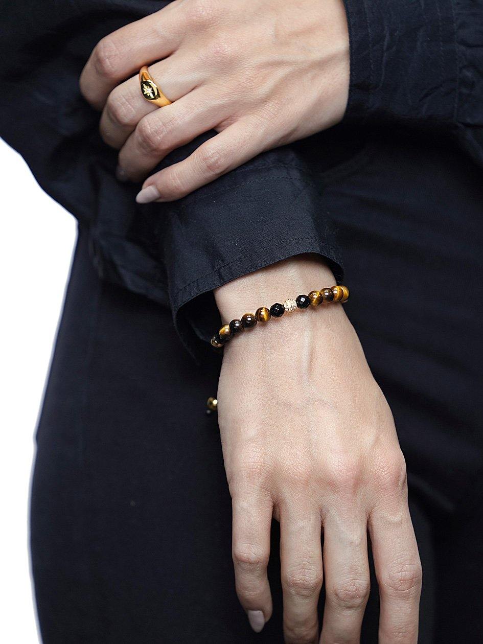 Women'S Beaded Bracelet With Brown Tiger Eye, Agate And Gold