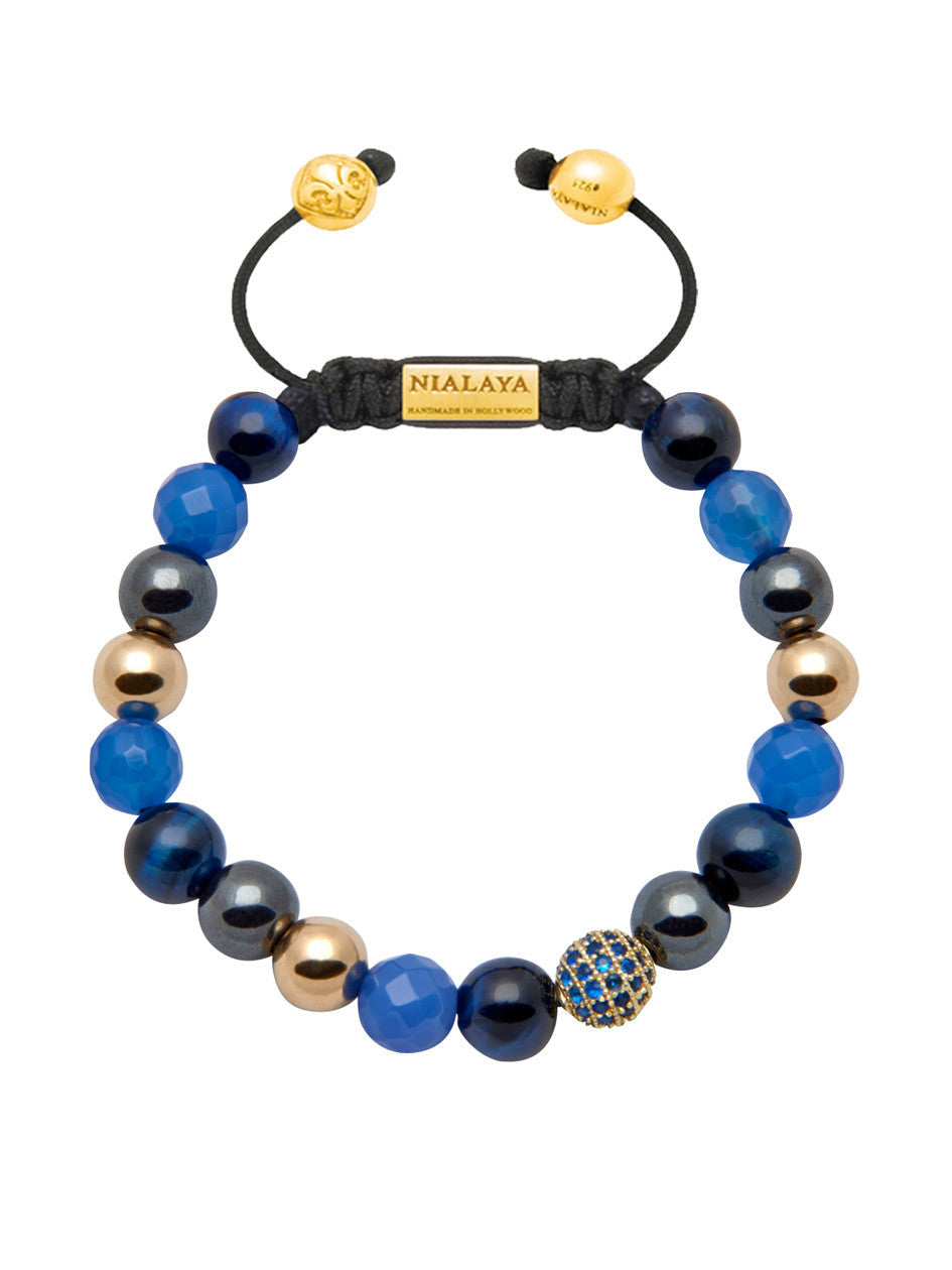 Women'S Beaded Bracelet With Blue Agate, Blue Tiger Eye And Hematite