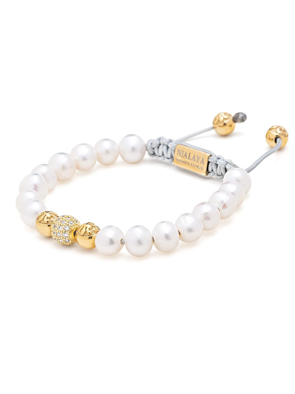 Women'S Beaded Bracelet With White Sea Pearl And Gold