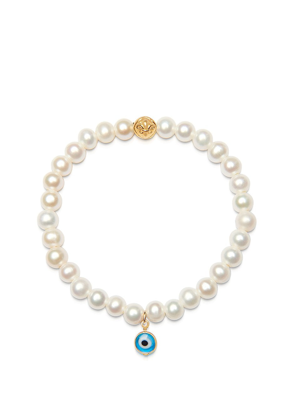 Women'S Wristband With White Pearls And Blue Evil Eye Charm