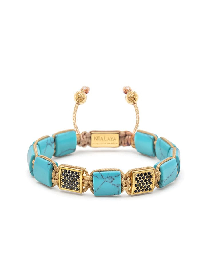 Women'S Turquoise Flatbead Bracelet With Black Cz Diamonds