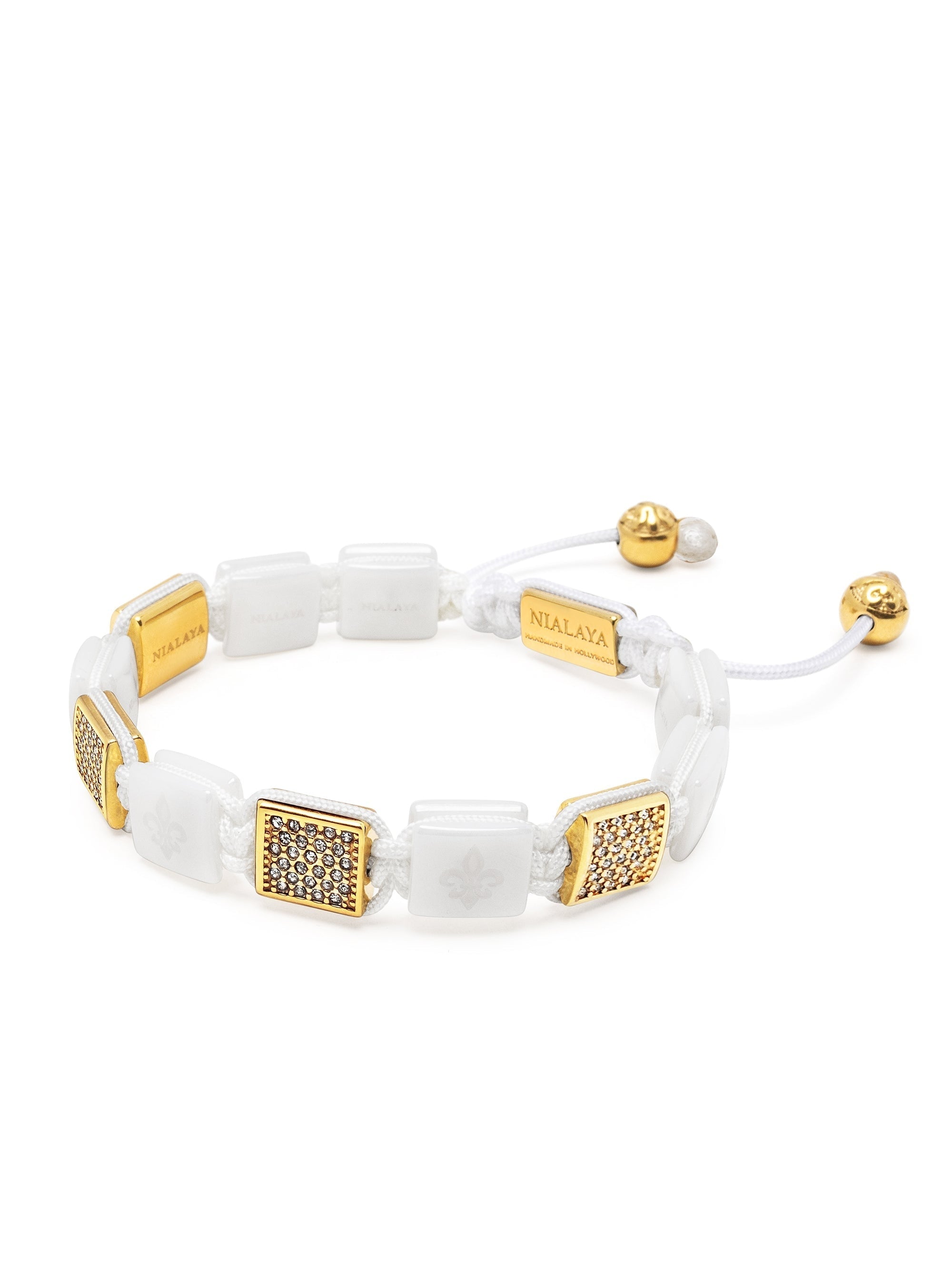 Women'S White Ceramic Flatbead Bracelet With Gold Cz