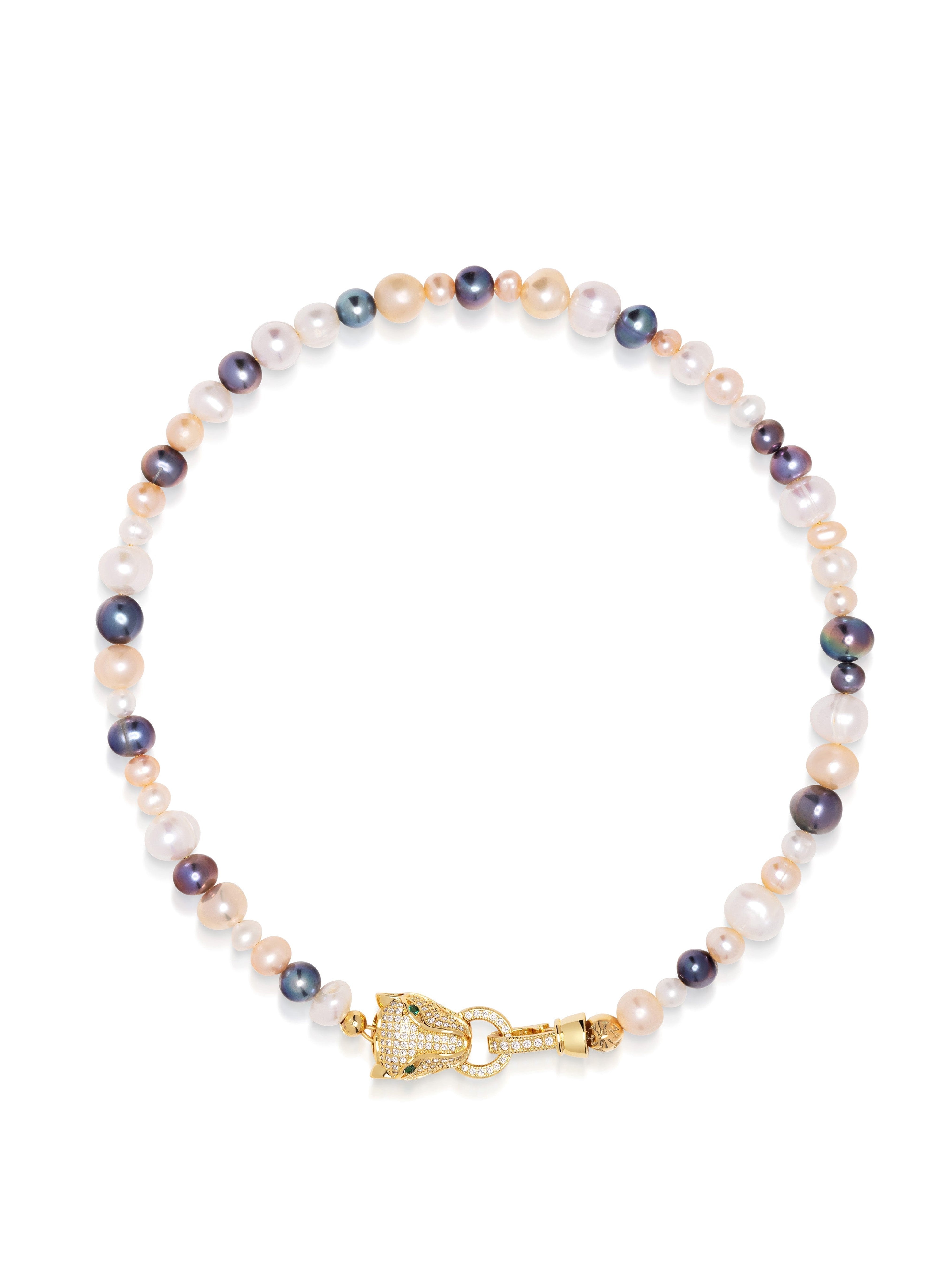 Women'S Multi Colored Pearl Choker With Gold Panther Head