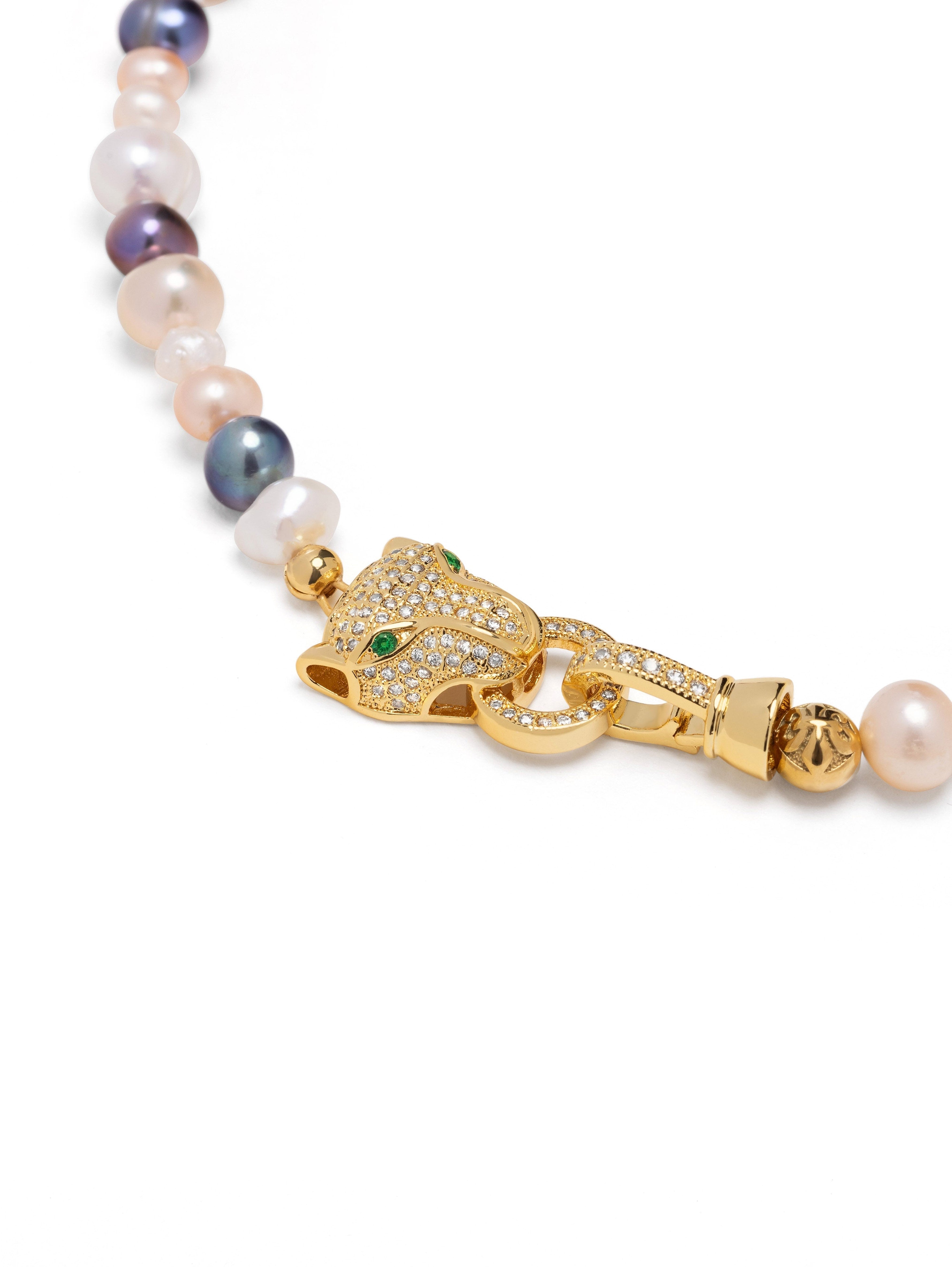 Women'S Multi Colored Pearl Choker With Gold Panther Head
