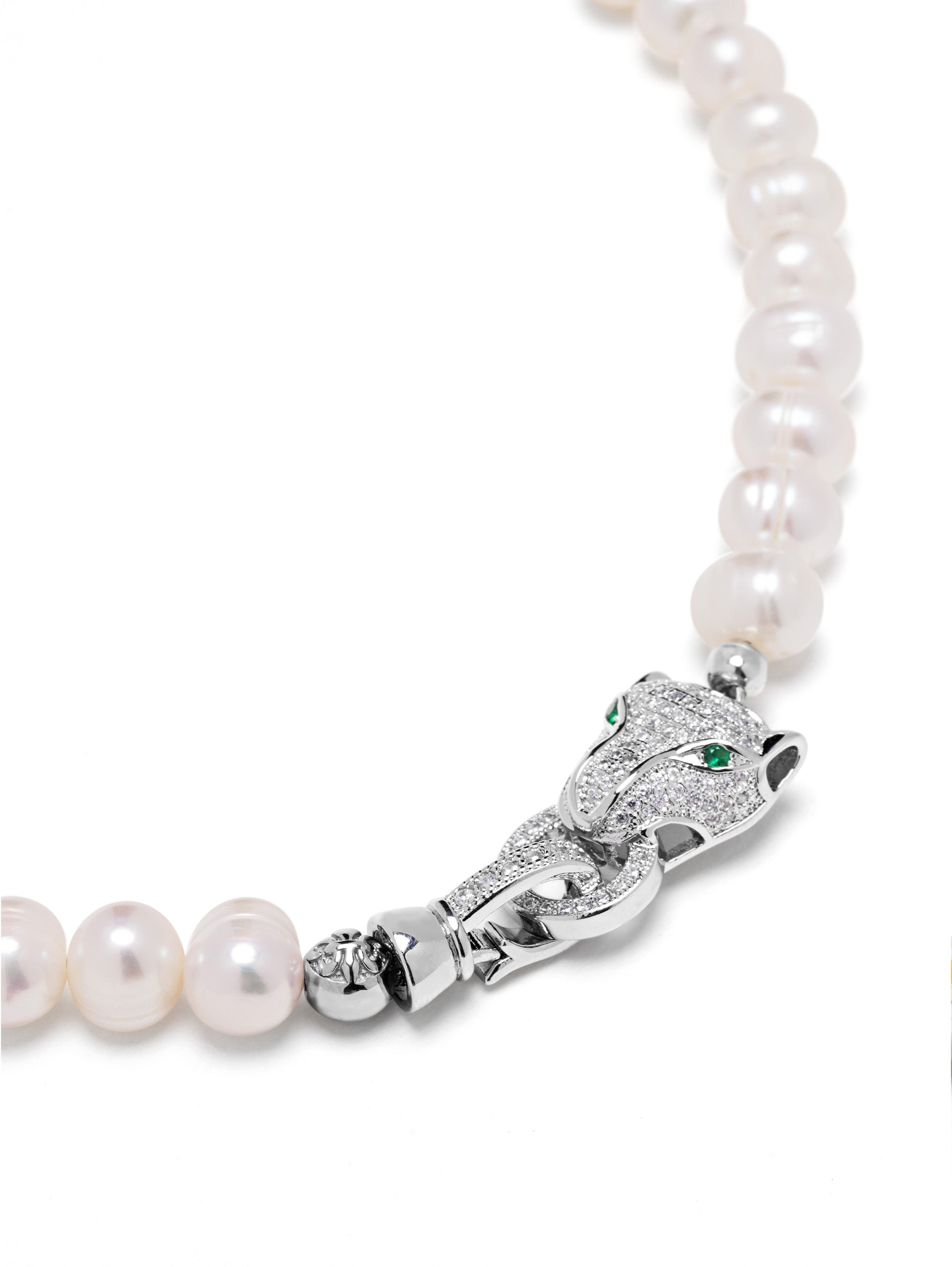 Women'S Pearl Choker With Silver Panther Head