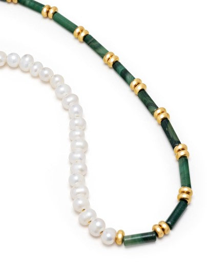 Beaded Necklace With Freshwater Pearls And Green Jade