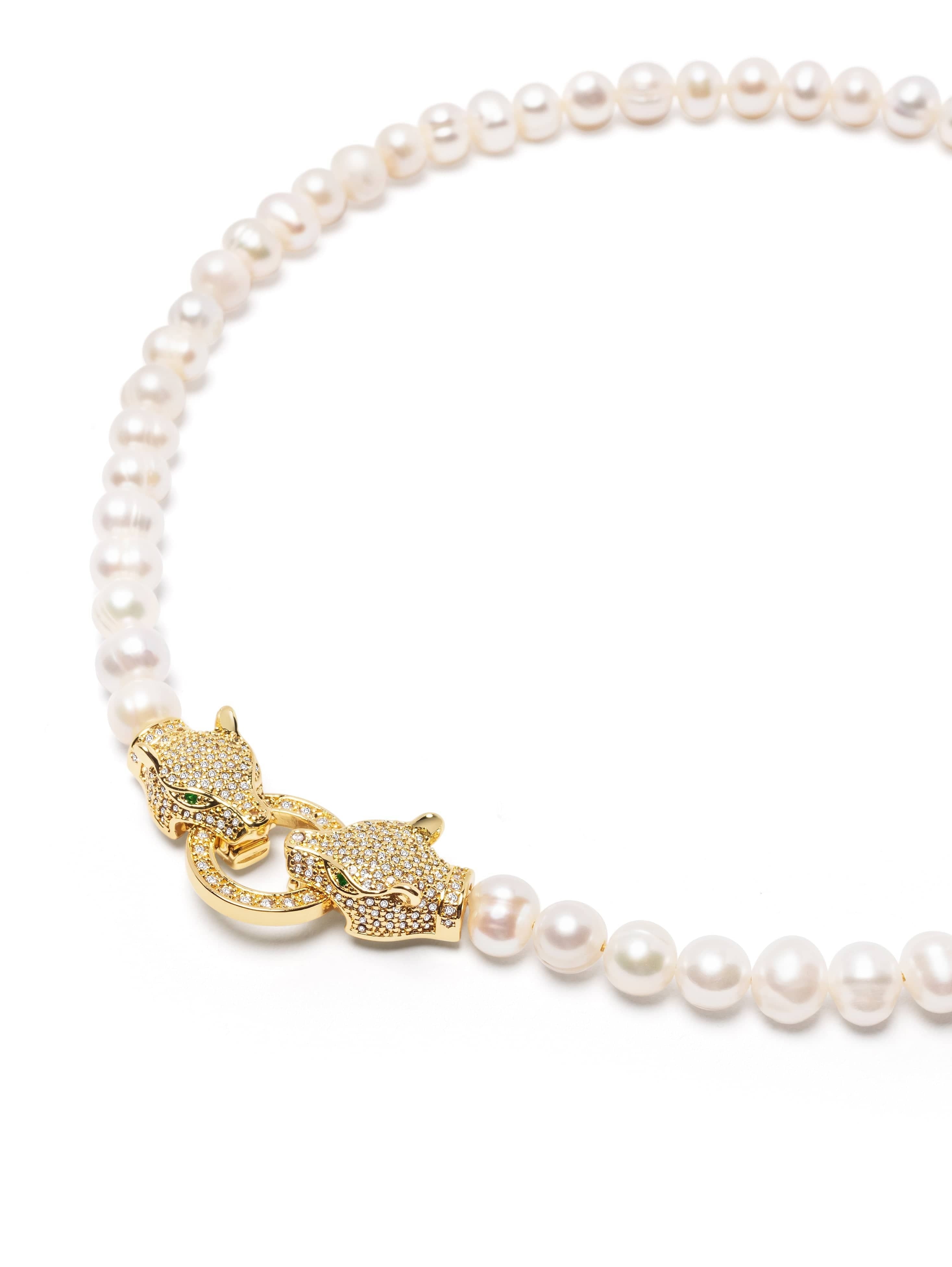 Women'S Pearl Choker With Gold Double Panther Head