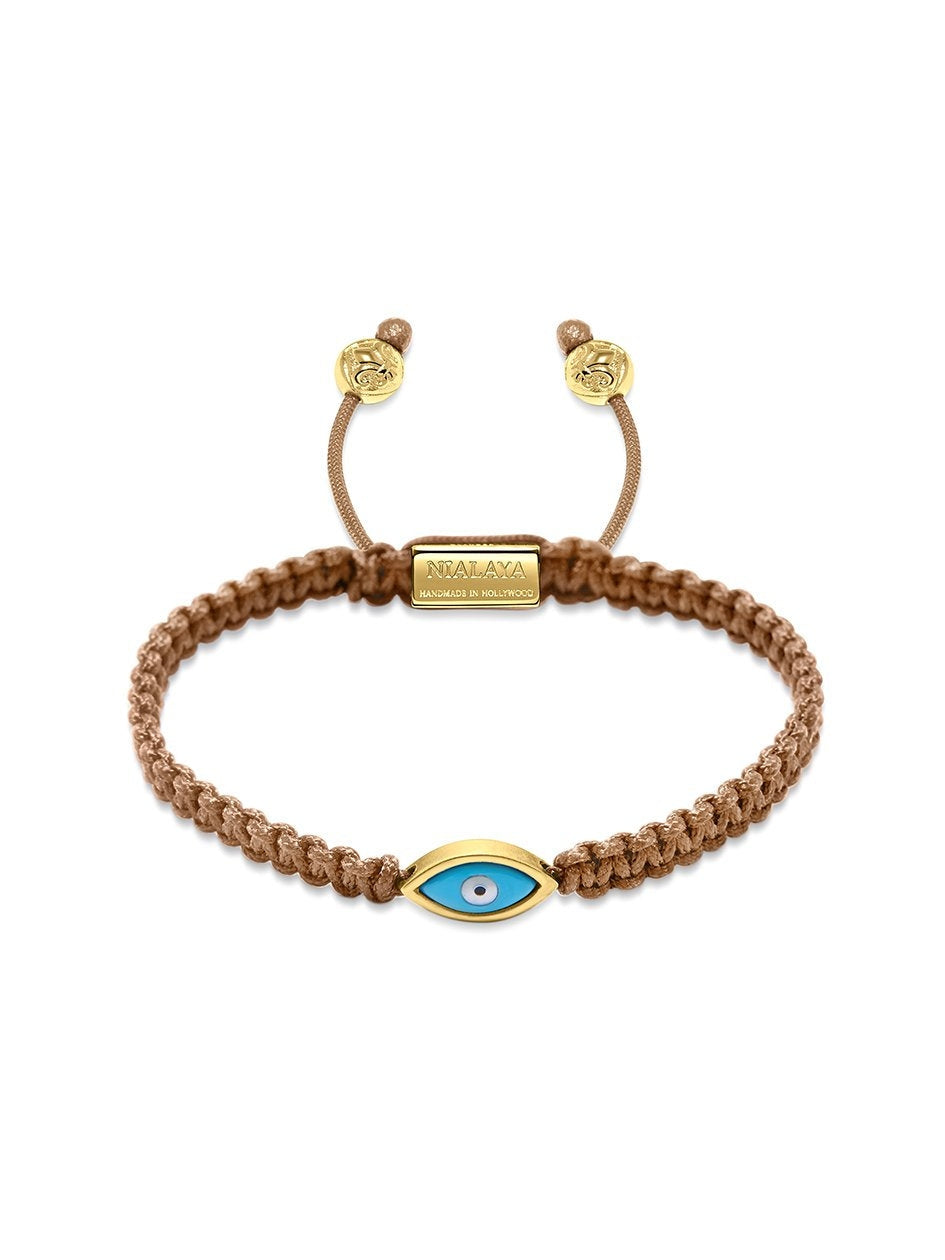 Women'S Light Brown String Bracelet With Gold Evil Eye