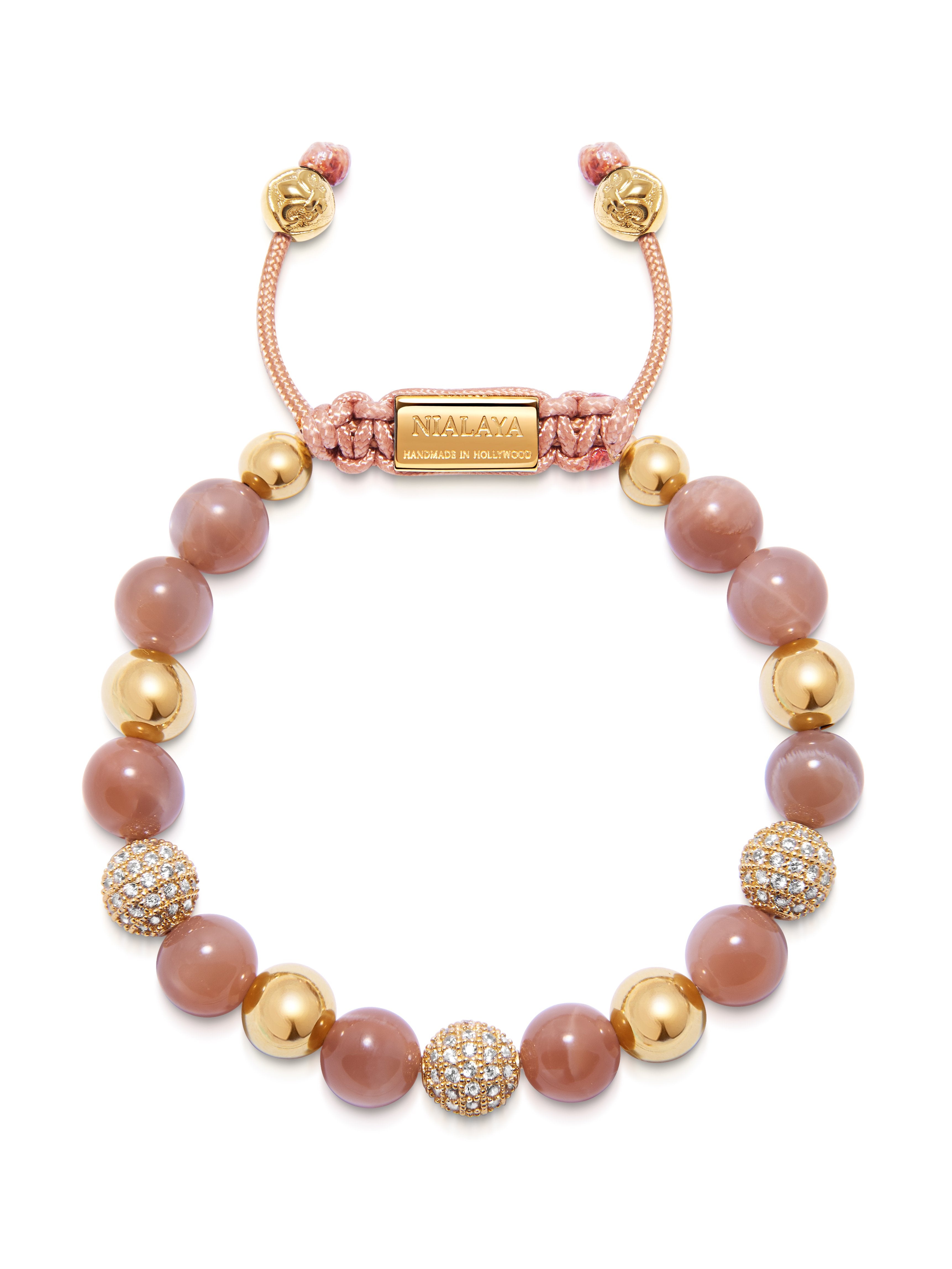 Women'S Beaded Bracelet With Pink Moonstone And Gold Cz Diamonds (Multi)