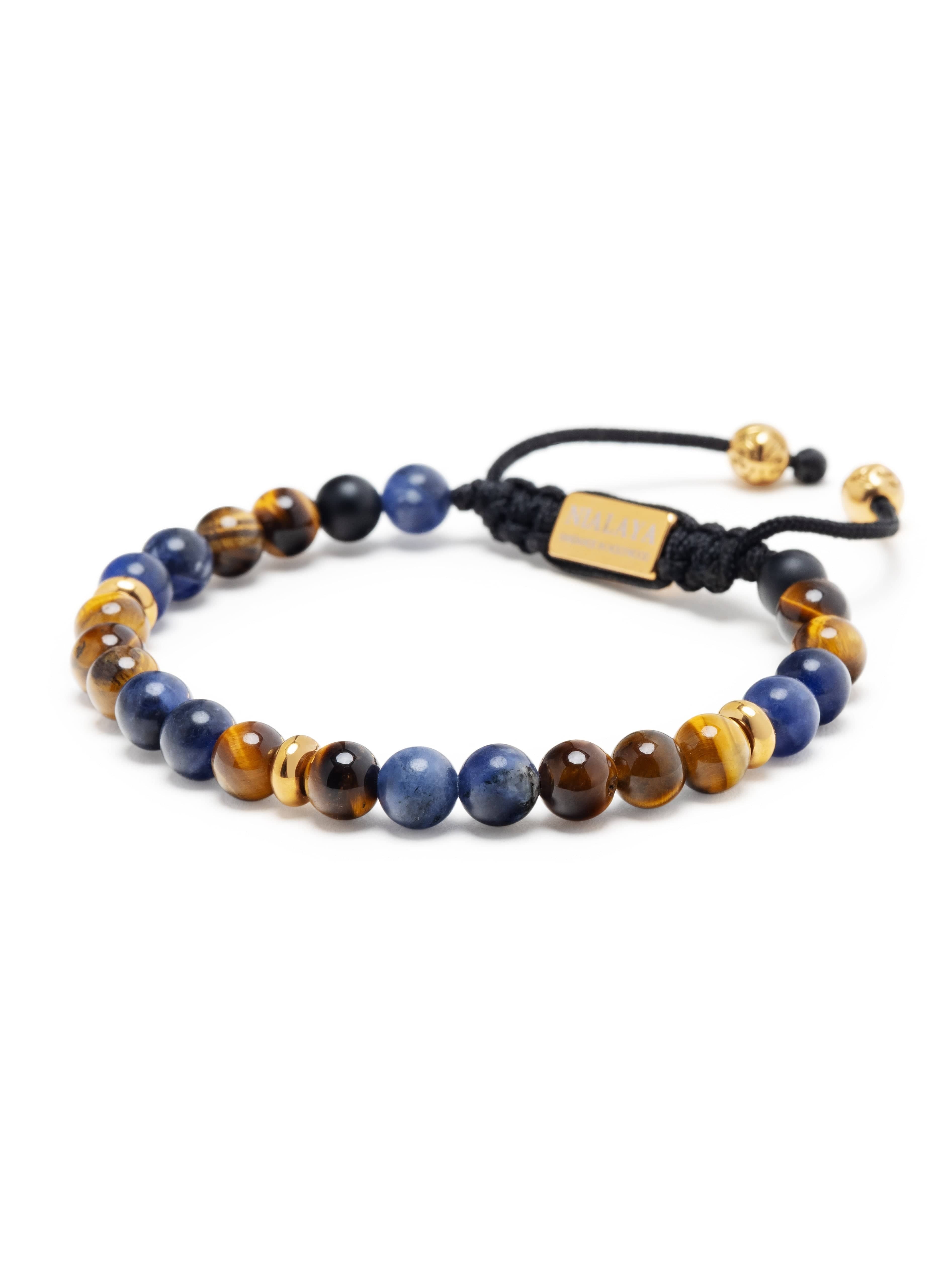 Men'S Beaded Bracelet With Dumortierite, Brown Tiger Eye And Gold