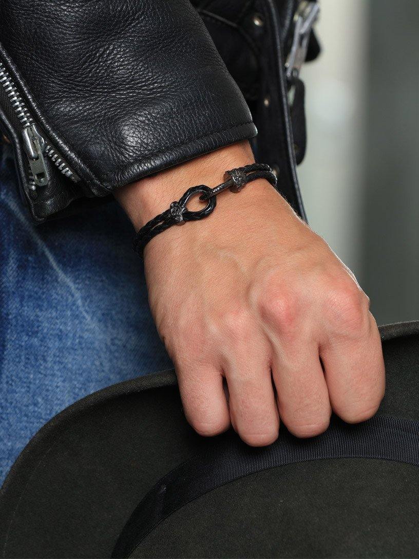 Men'S Black Leather Bracelet With Black Rhodium Hook Clasp