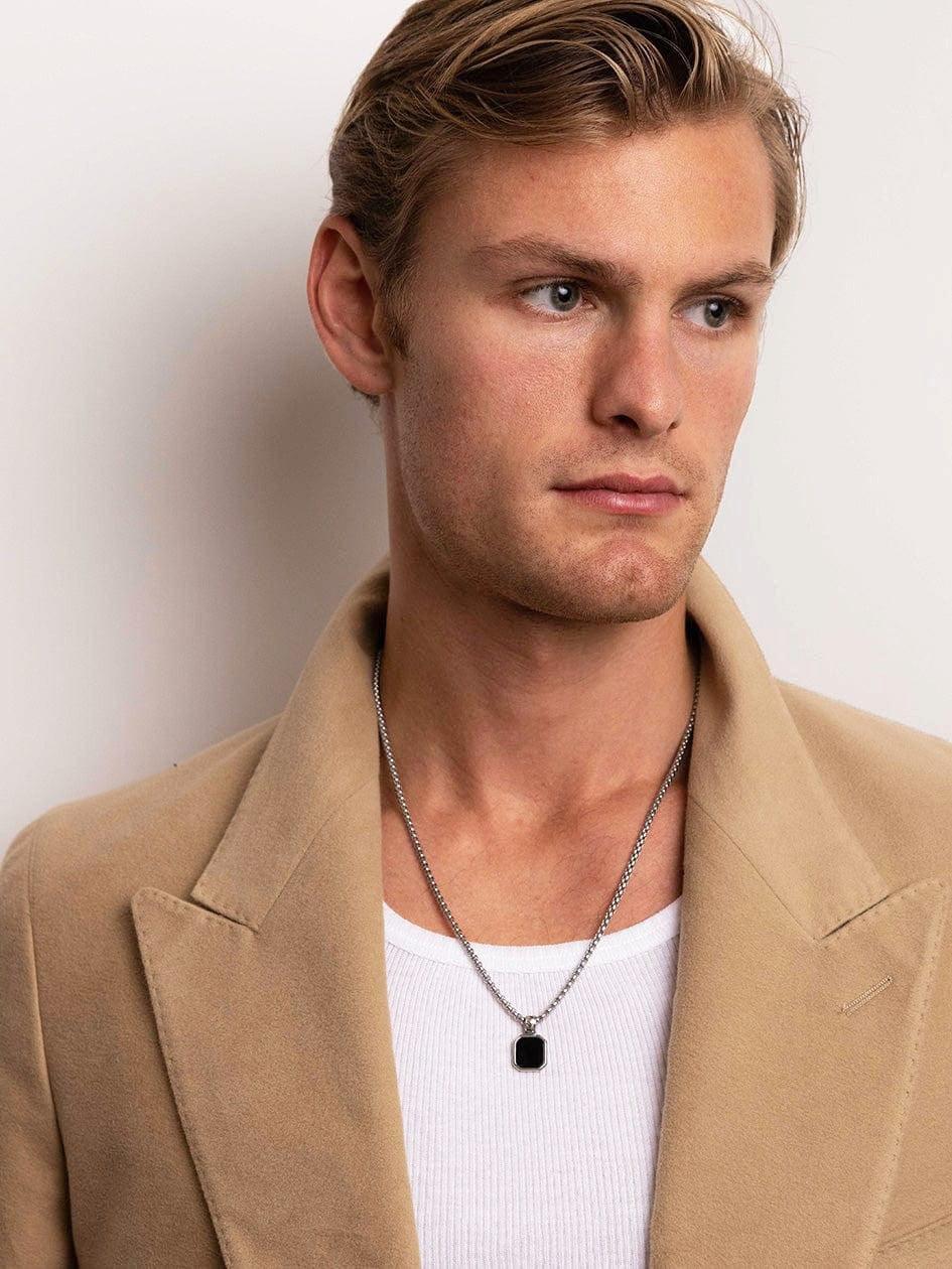Men'S Silver Necklace With Square Matte Onyx Pendant