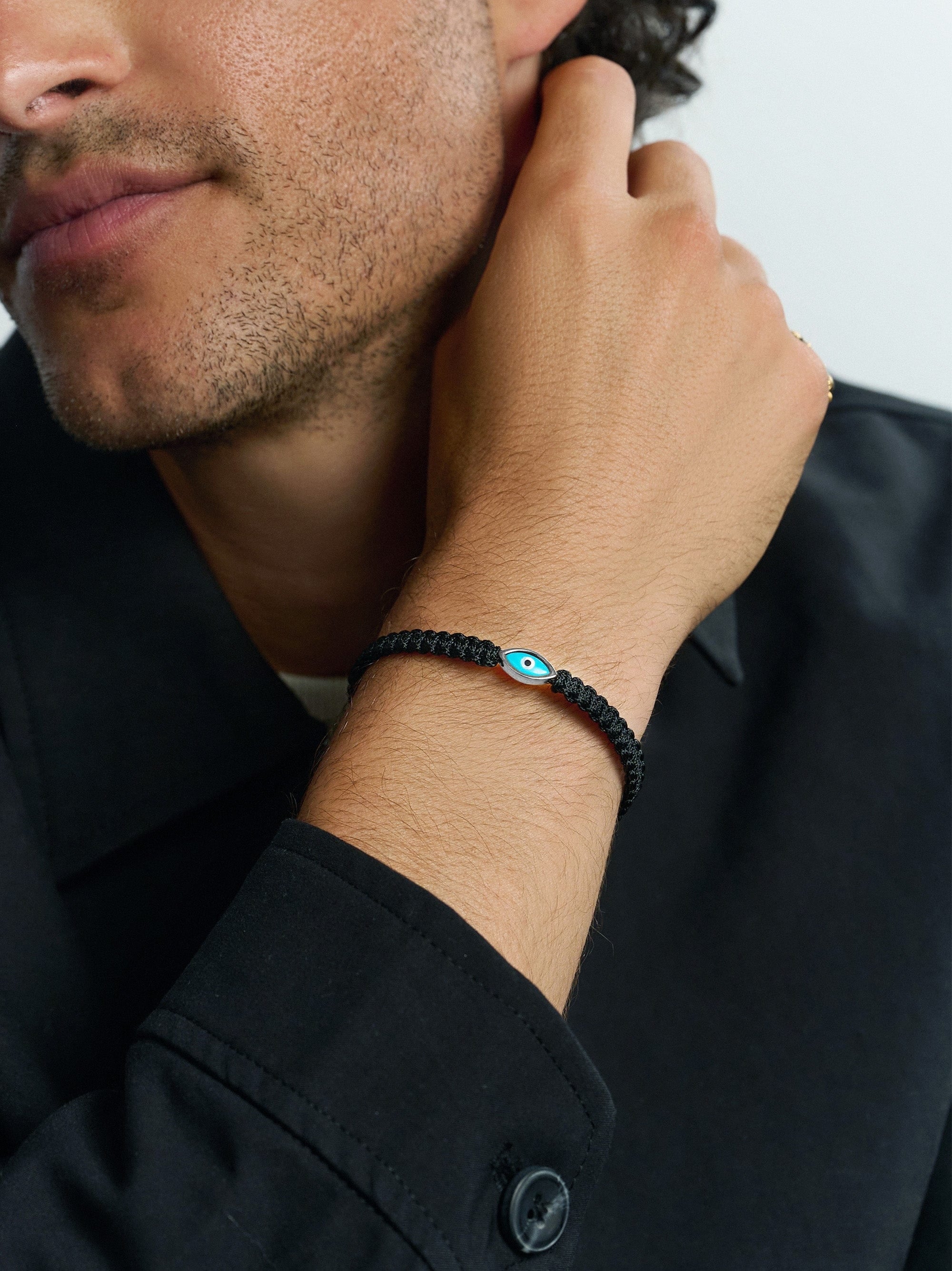 Men'S Black String Bracelet With Silver Evil Eye