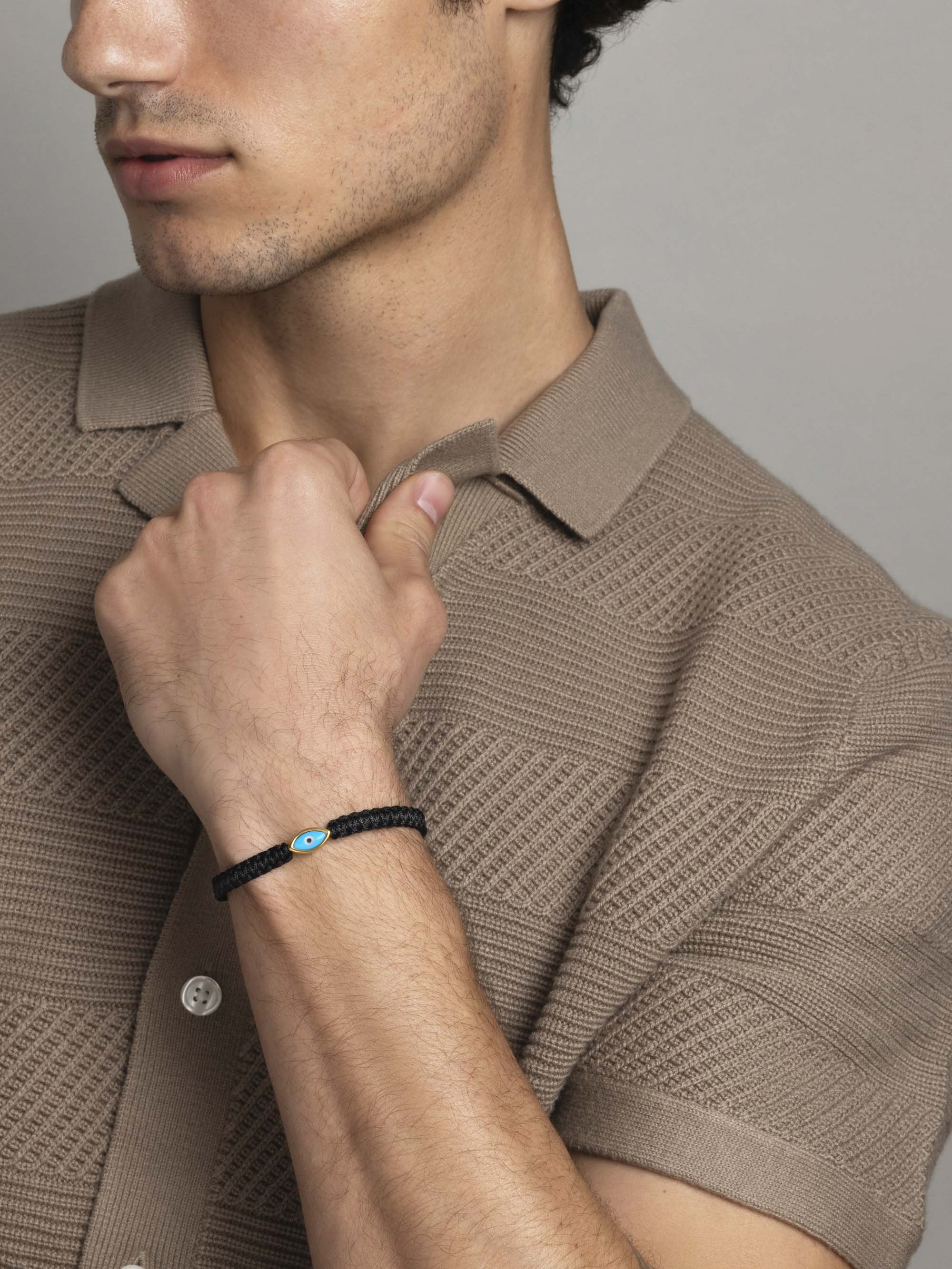 Men'S Black String Bracelet With Gold Evil Eye