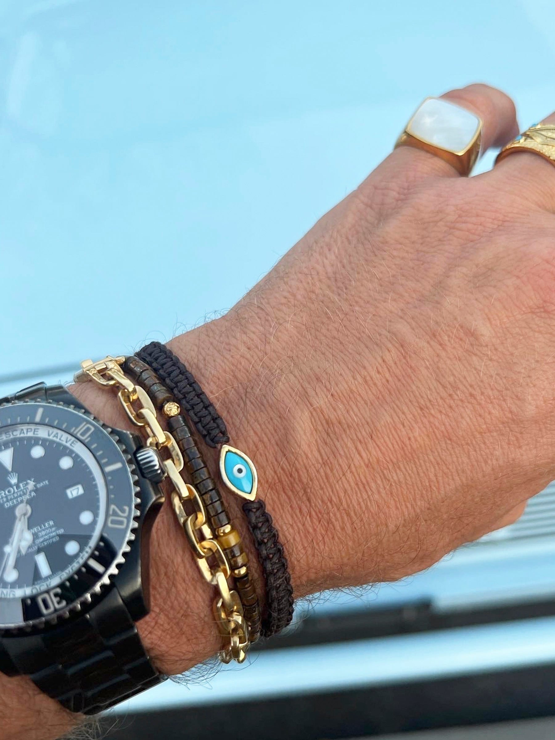 Men'S Black String Bracelet With Gold Evil Eye