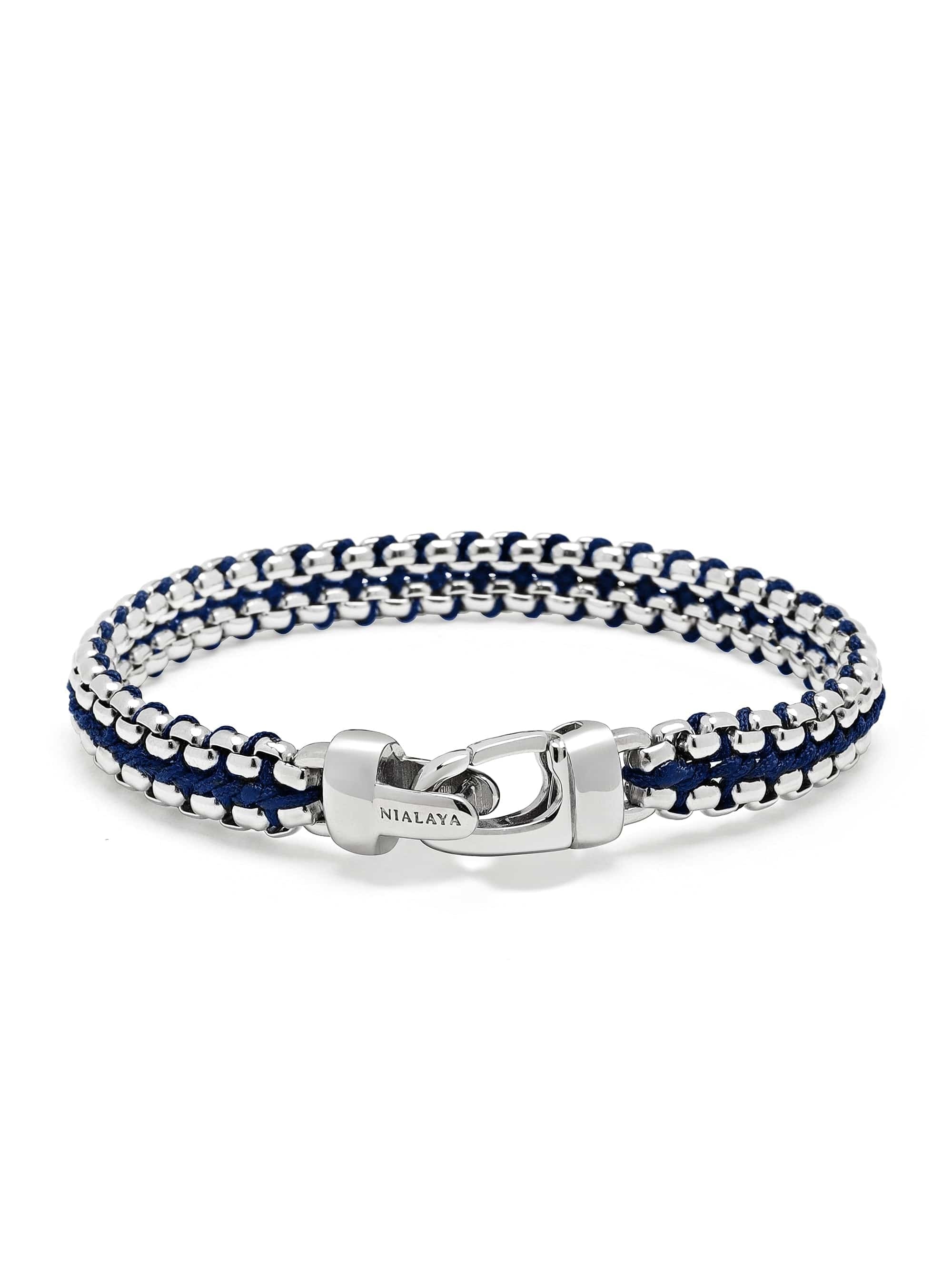 Men'S Navy Woven 8Mm Box Chain Bracelet In Silver