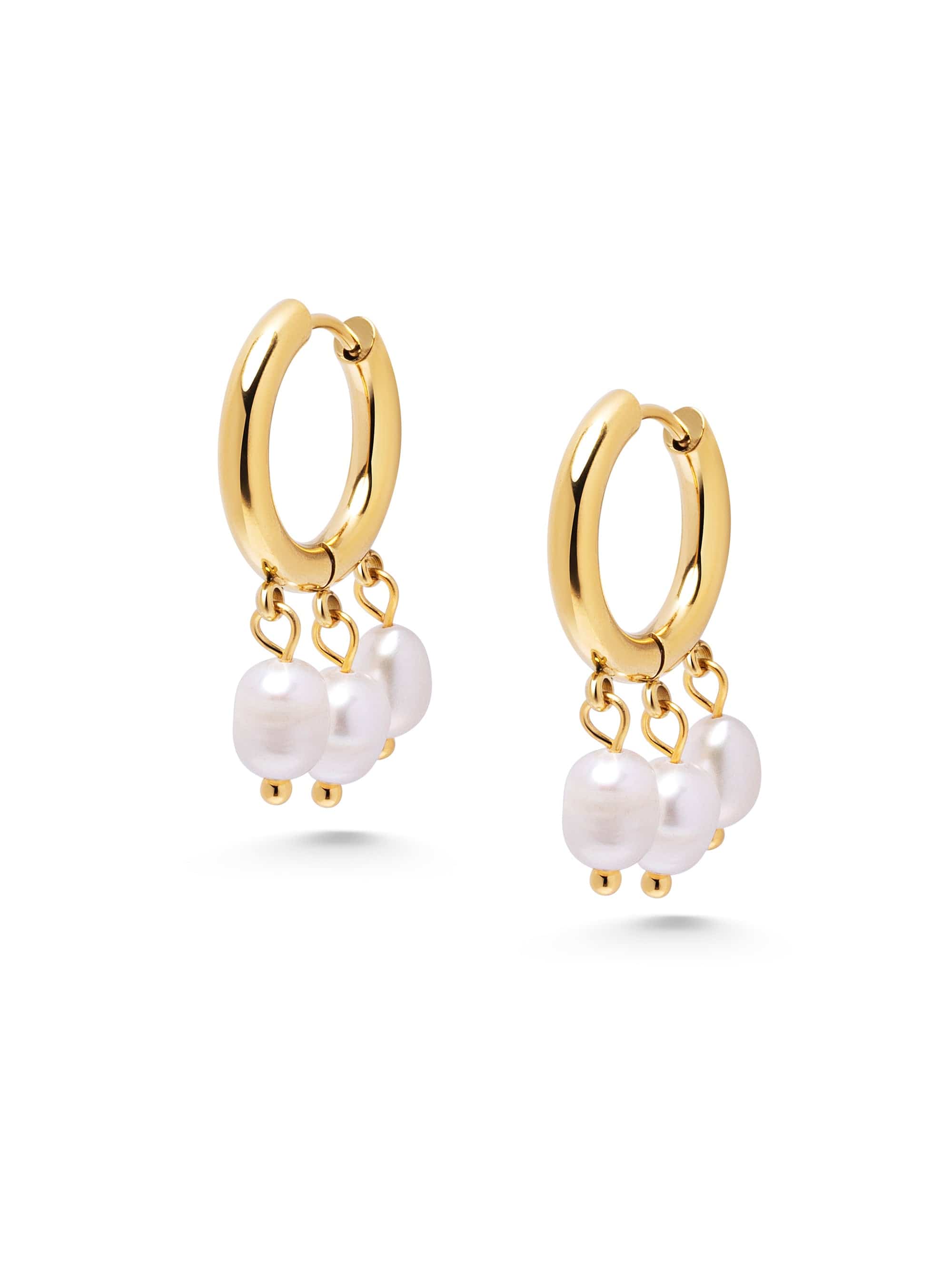 Triple Drop Pearl Hoops in Gold