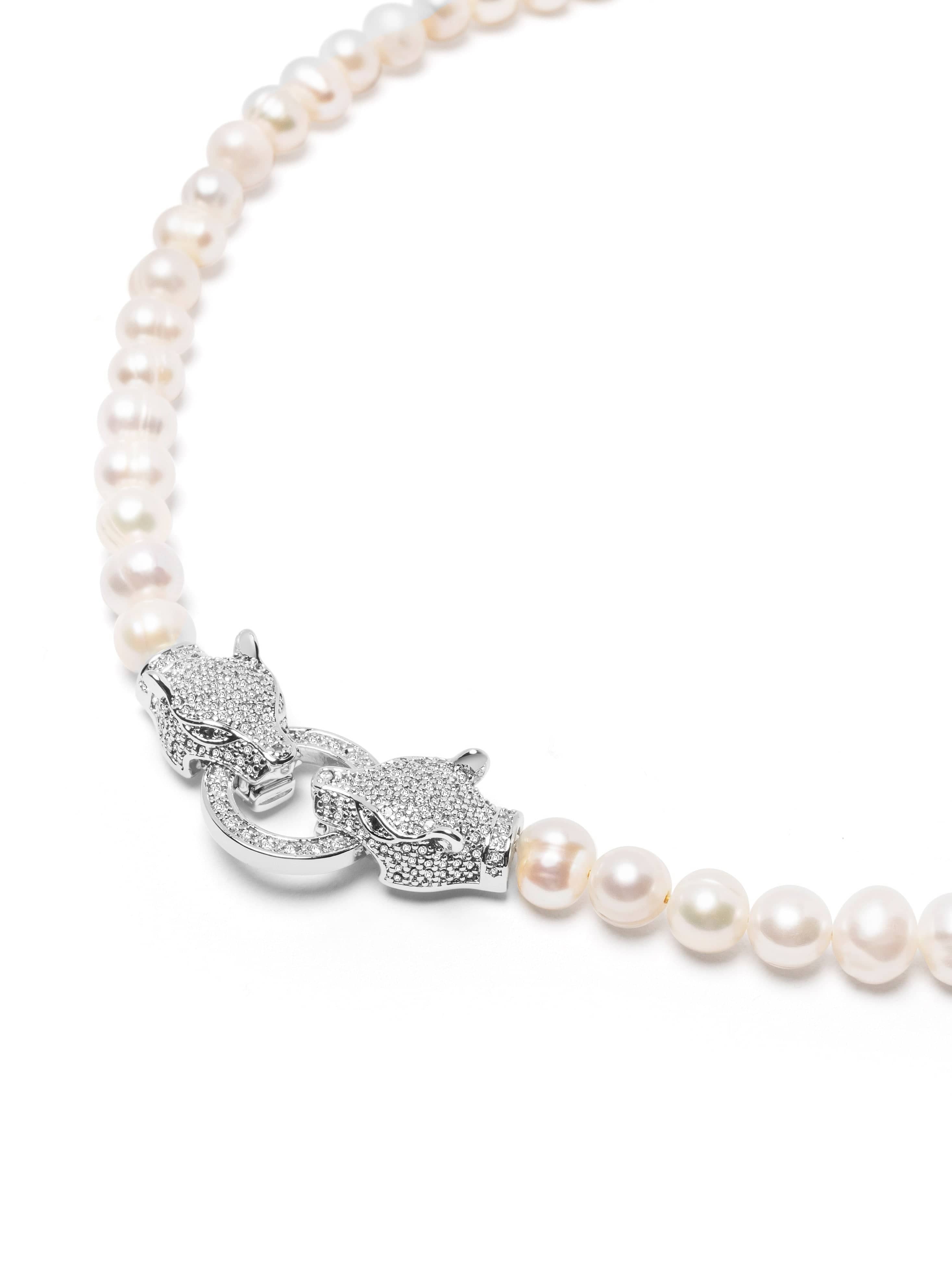 Women'S Pearl Choker With Silver Double Panther Head